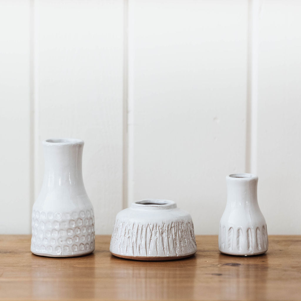 White Terracotta Bud Vase Trio