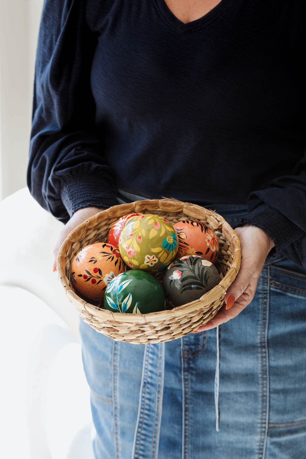 Hand-Painted Paper Mache Ball Ornament with Florals