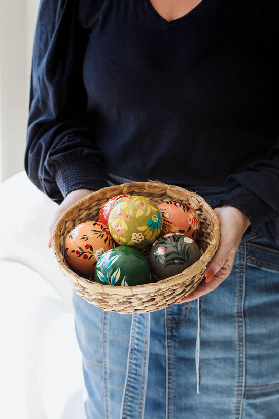 Hand-Painted Paper Mache Ball Ornament with Florals