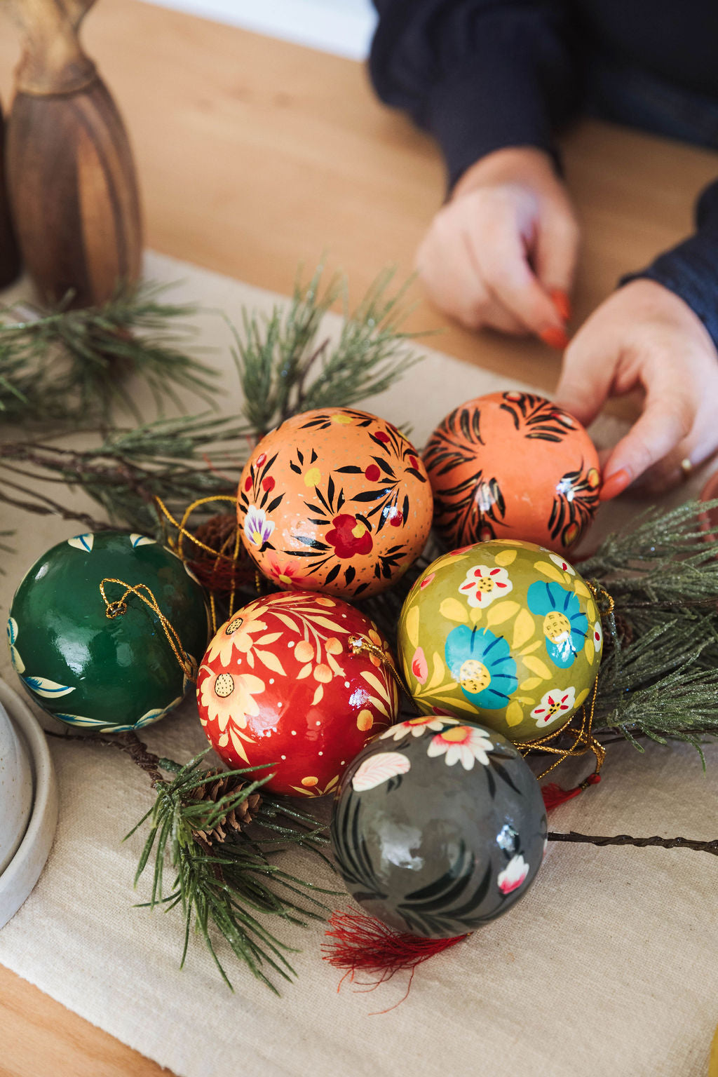 Hand-Painted Paper Mache Ball Ornament with Florals