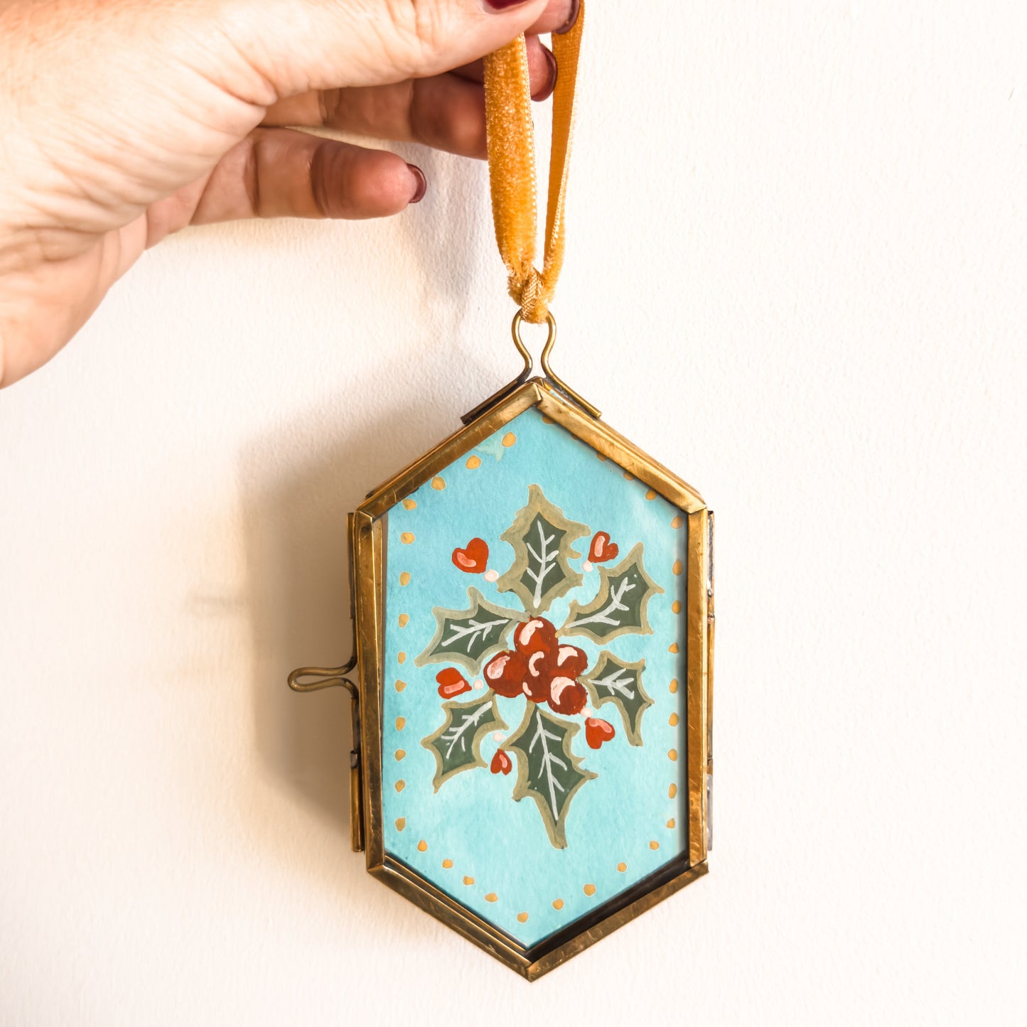 Hand Painted Heirloom Ornament-Holly & Hearts