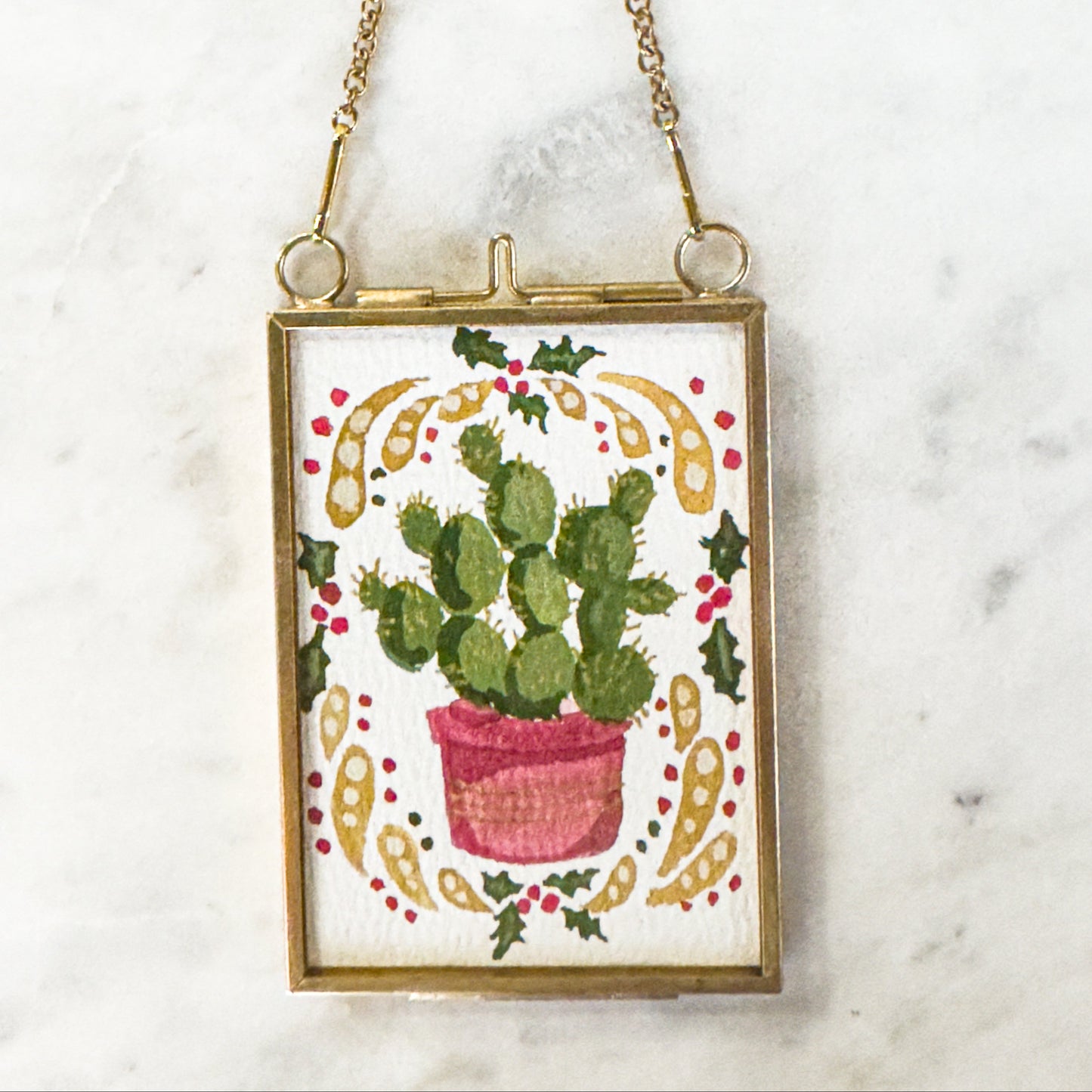 Hand Painted Heirloom Ornament- Prickly Pear & Holly
