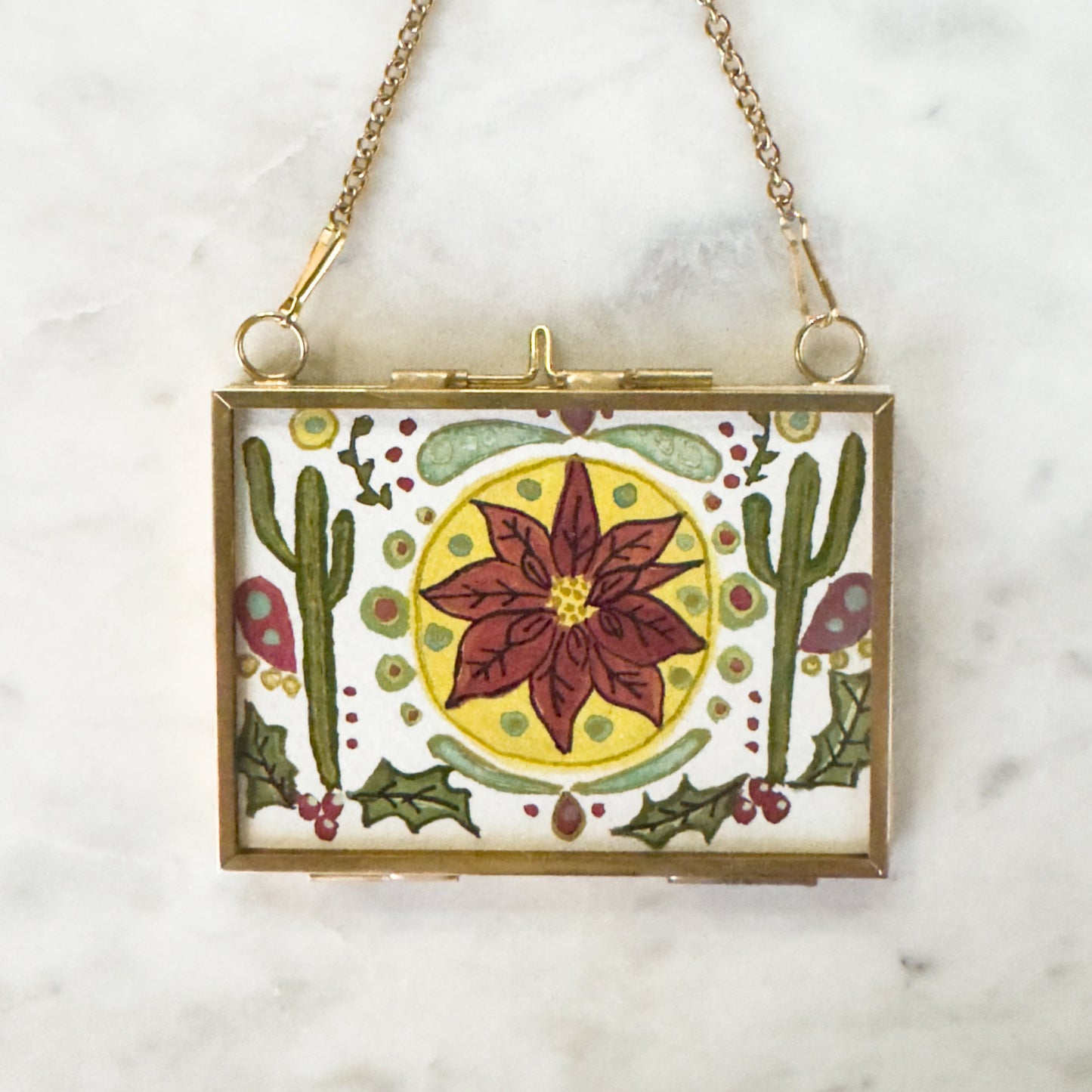 Hand Painted Heirloom Ornament- Pointsettia & Saguaro