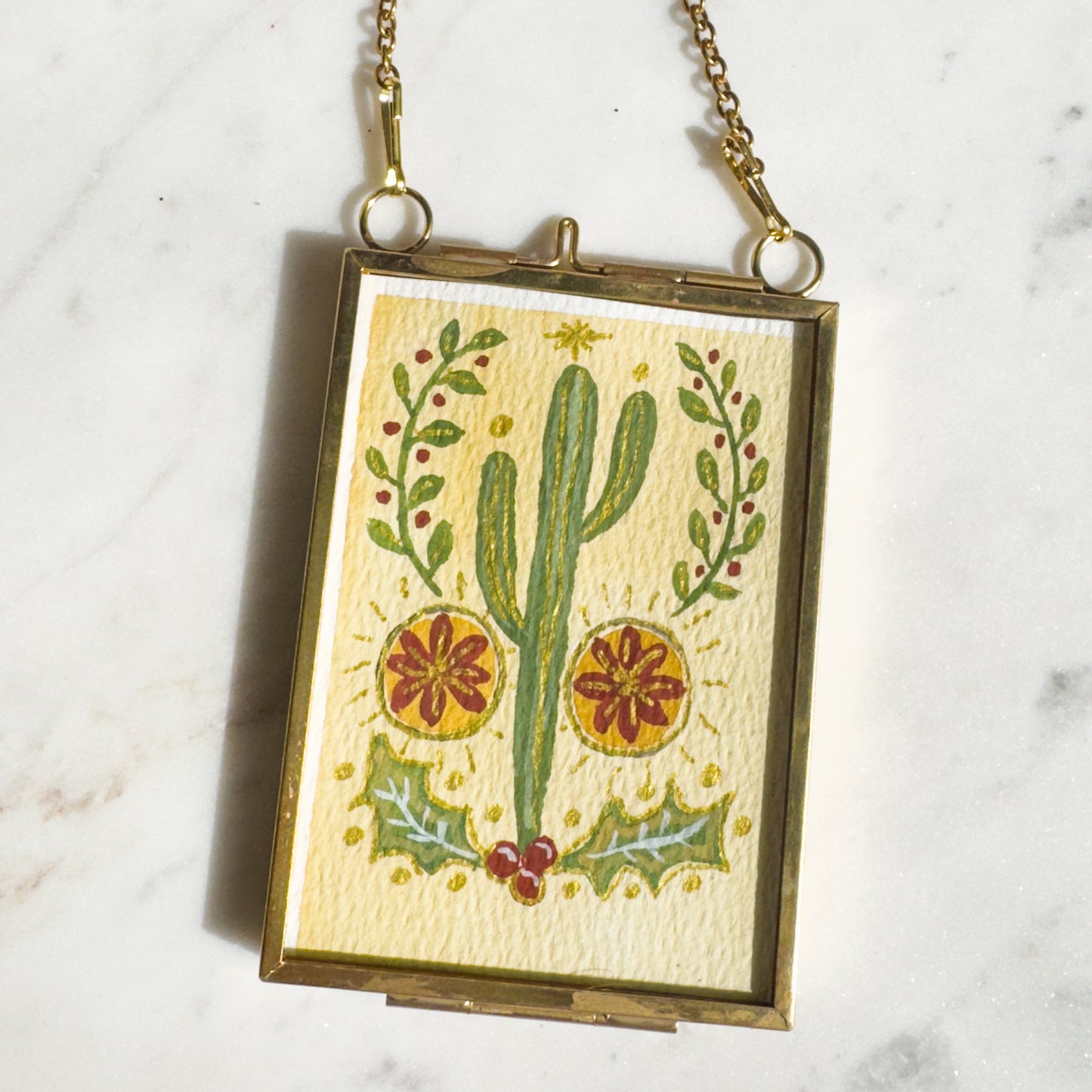 Hand Painted Heirloom Ornament- Folk Saguaro & Pointsettia
