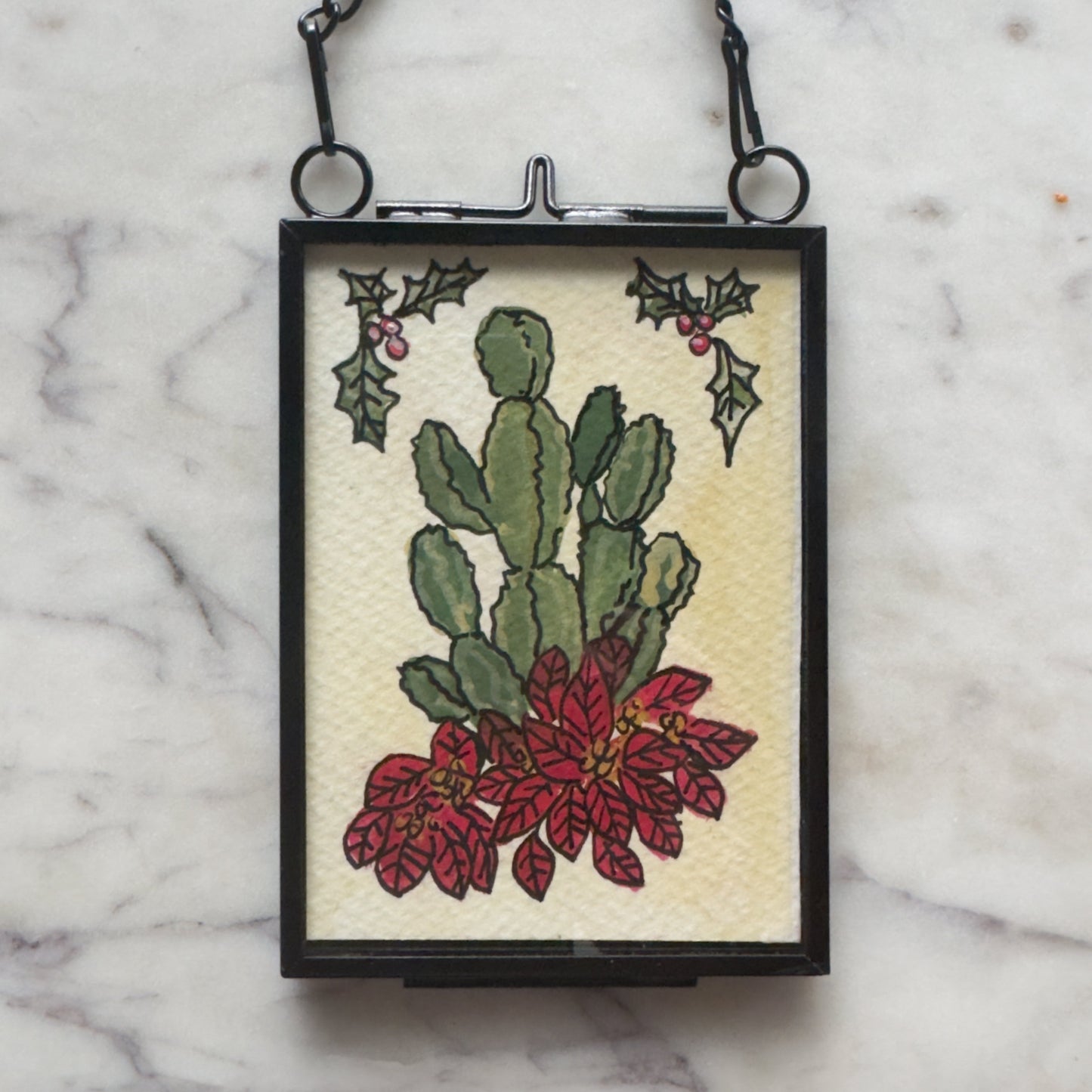 Hand Painted Heirloom Ornament-Cacti with Poinsettia and Holly