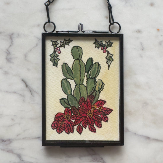 Hand Painted Heirloom Ornament-Cacti with Poinsettia and Holly