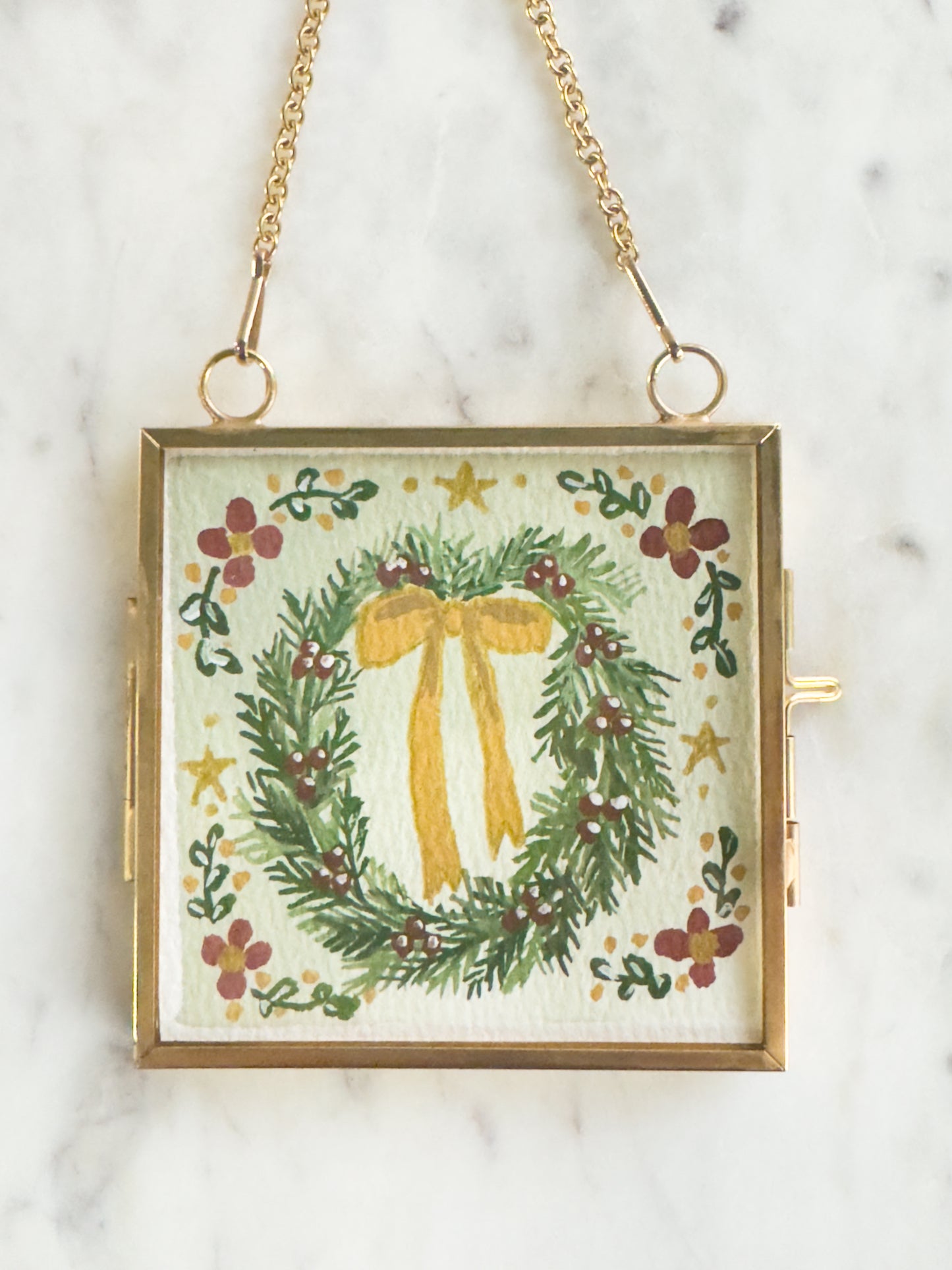 Hand Painted Heirloom Ornament- Folk Art Wreath Yellow Ribbon