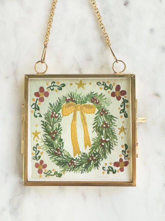 Hand Painted Heirloom Ornament- Folk Art Wreath Yellow Ribbon