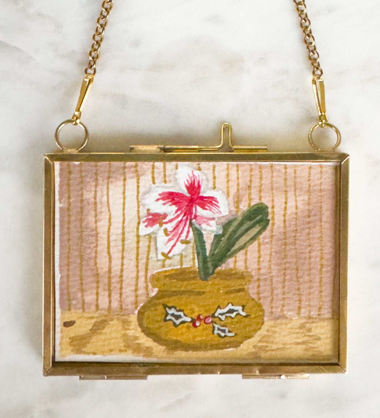 Hand Painted Heirloom Ornament- Candy Cane Amaryllis in Holly Pot