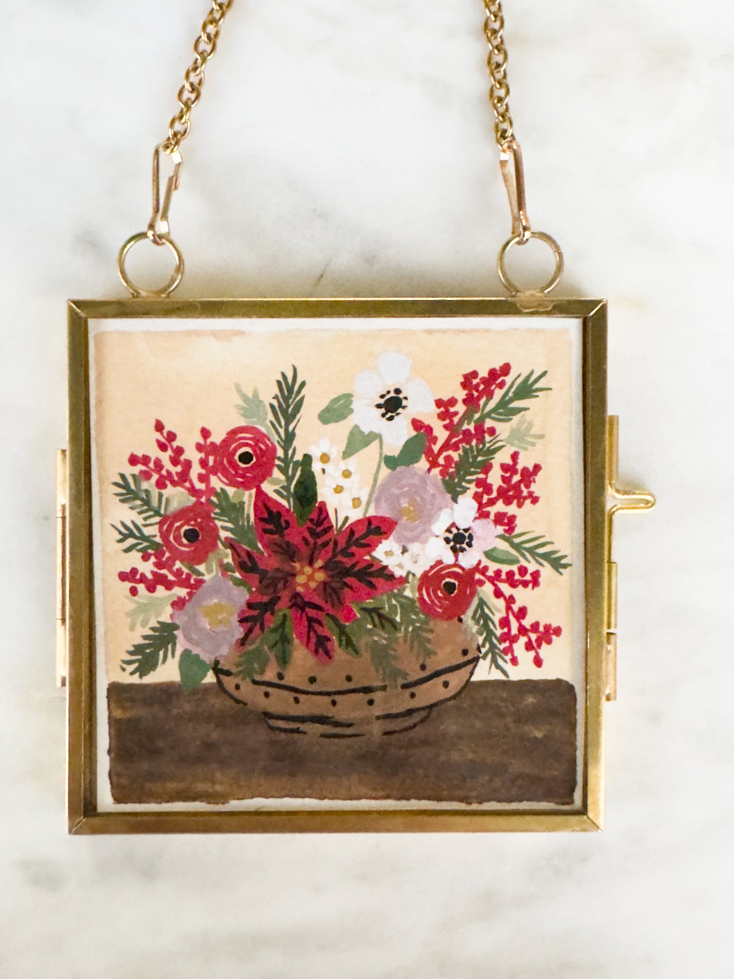 Hand Painted Heirloom Ornament- Red Poinsettia Arrangement