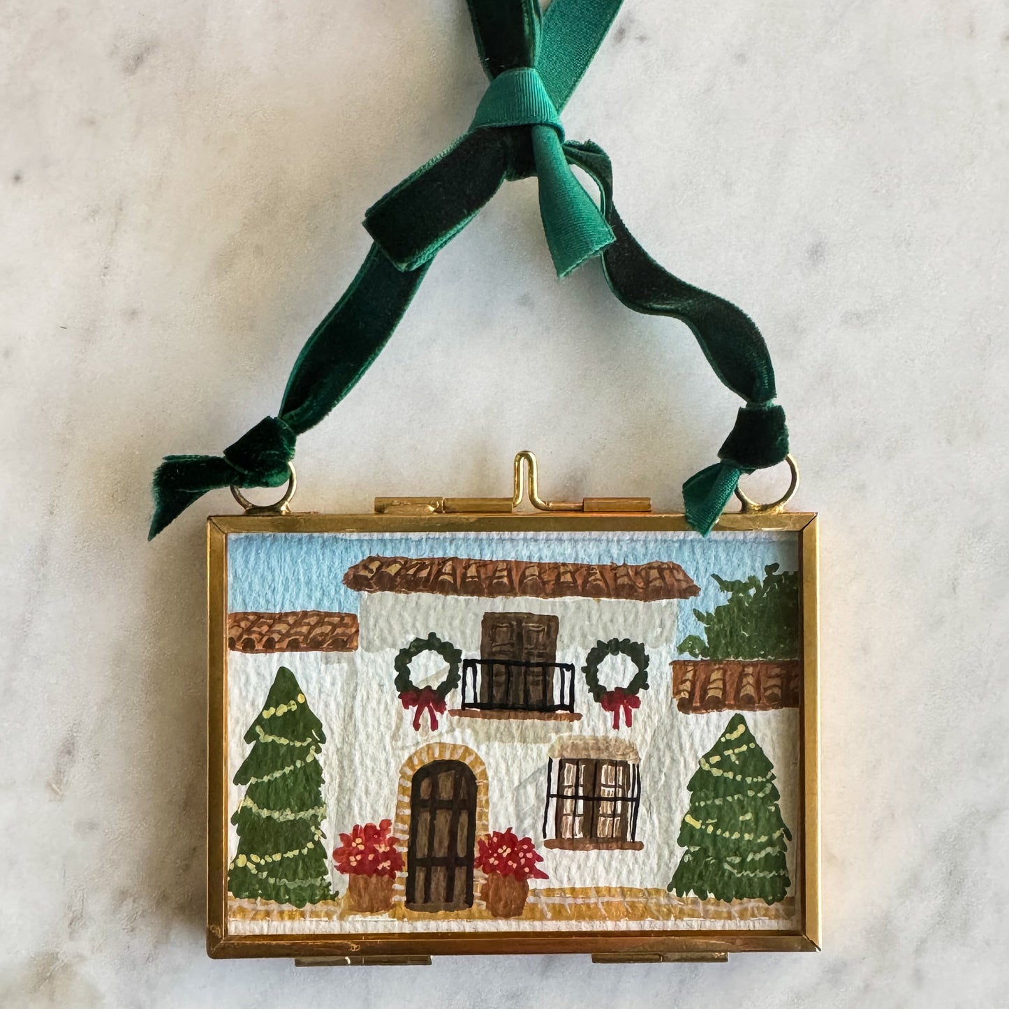 Hand Painted Heirloom Ornament-Spanish House with Trees