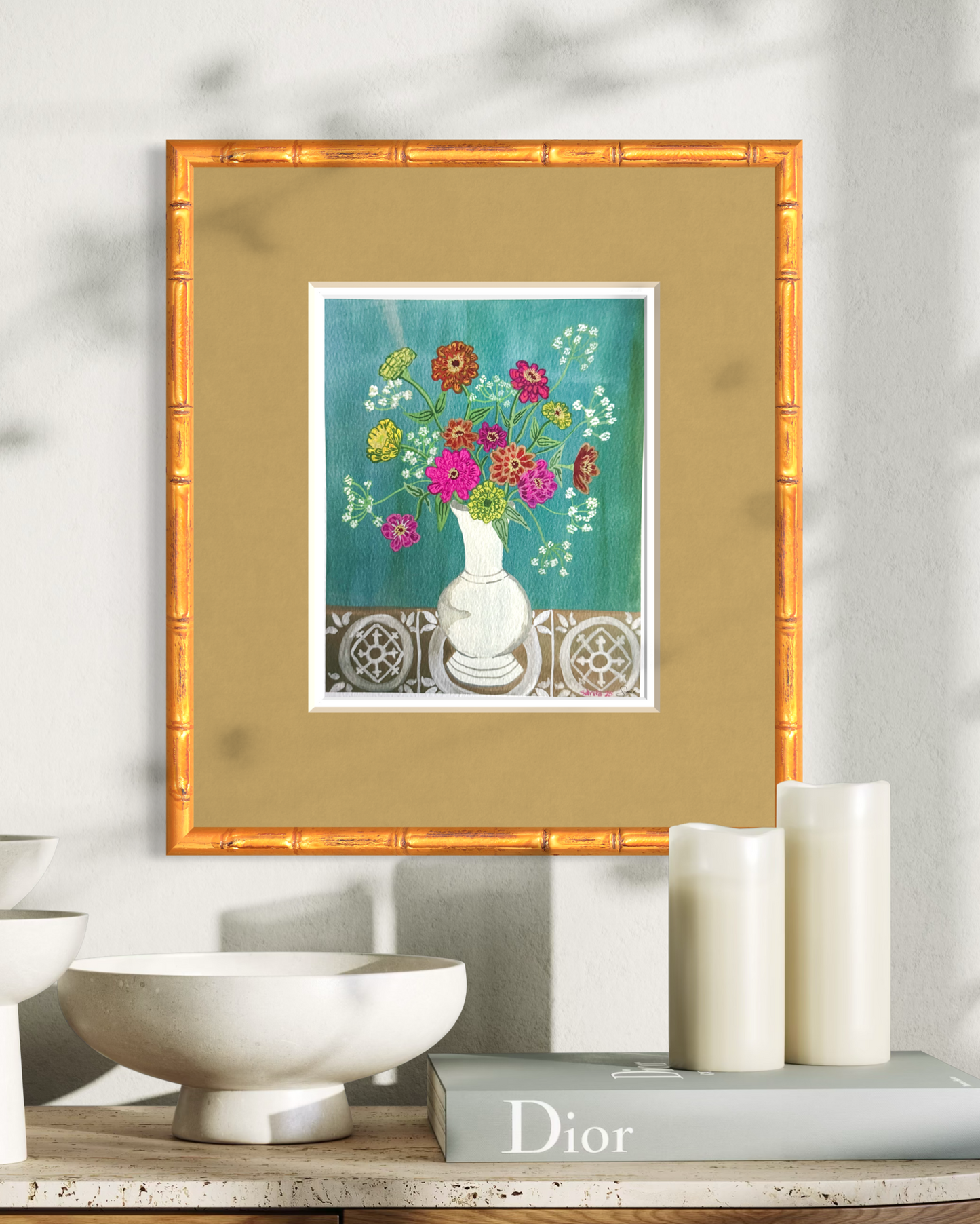 Zinnias & Queen Anne's Lace in Vintage Vase Print