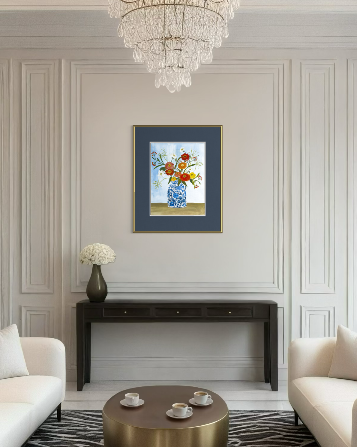 Zinnias in Chinoiserie Vase