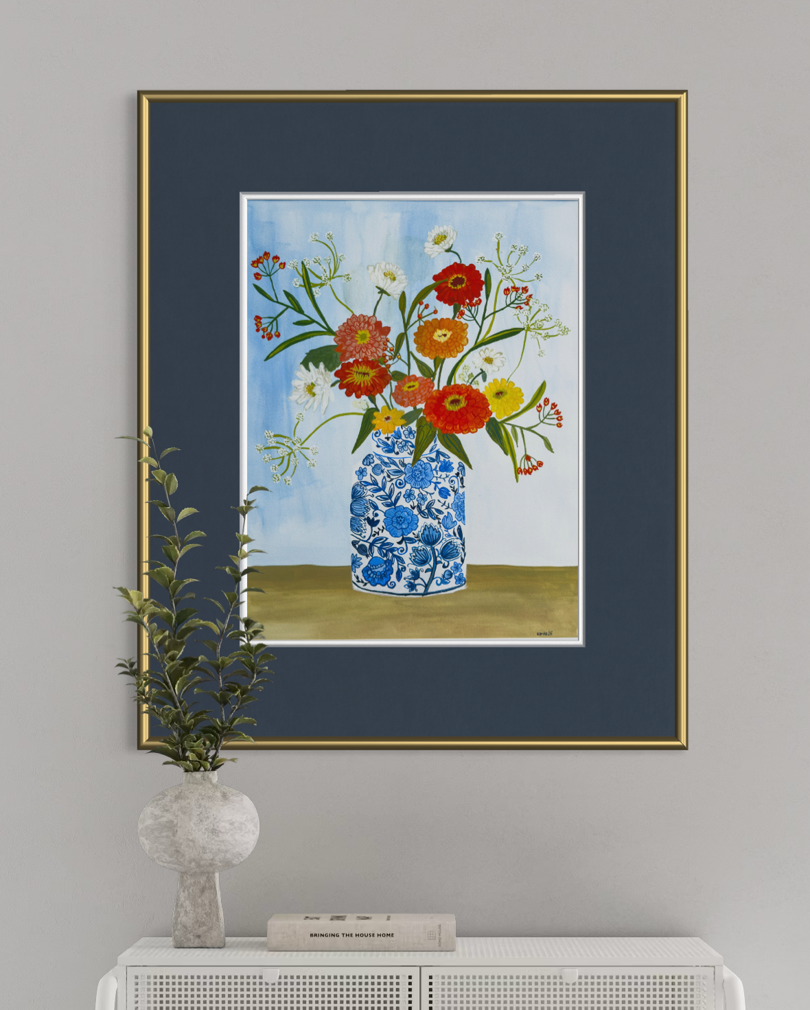 Zinnias in Chinoiserie Vase