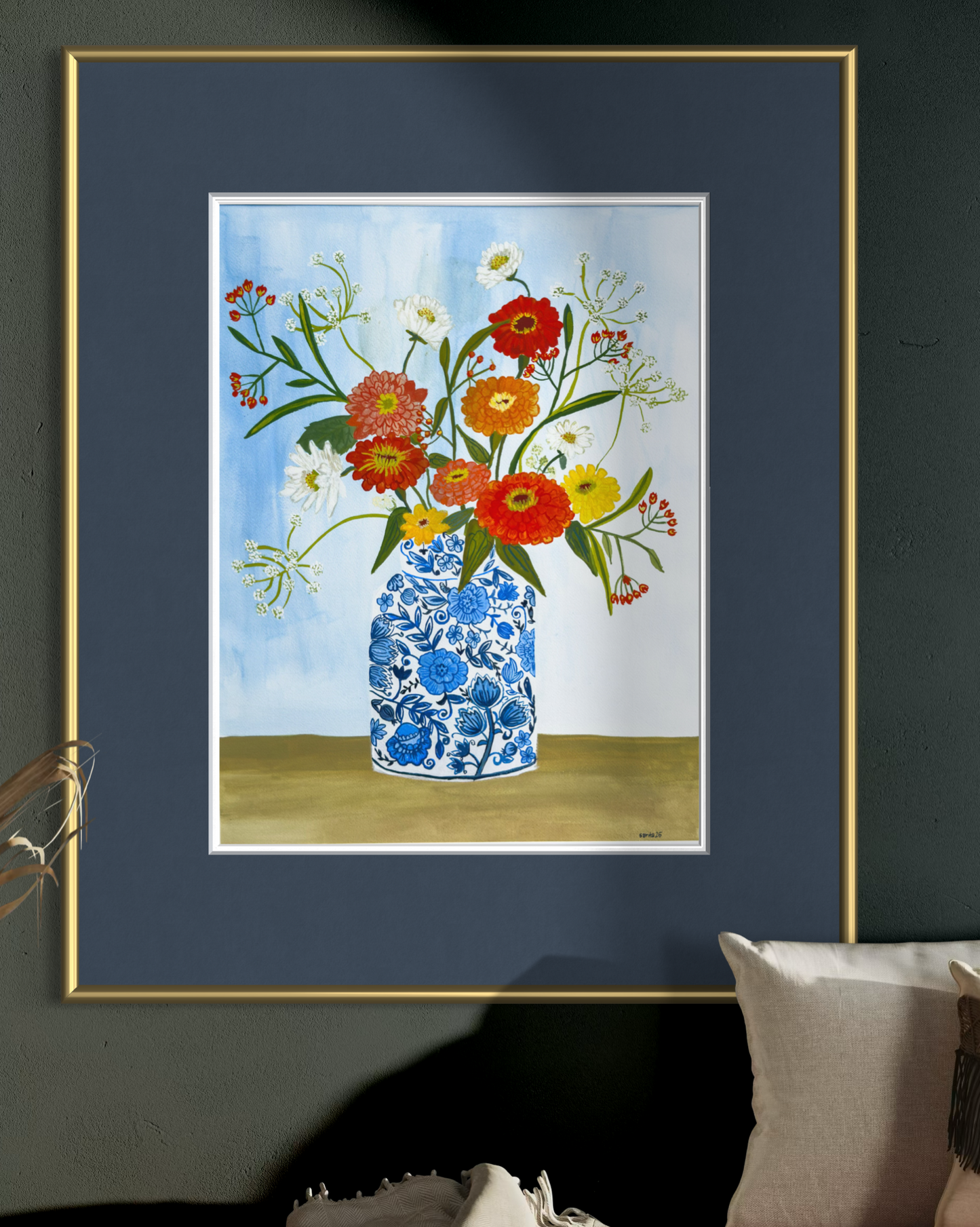 Zinnias in Chinoiserie Vase