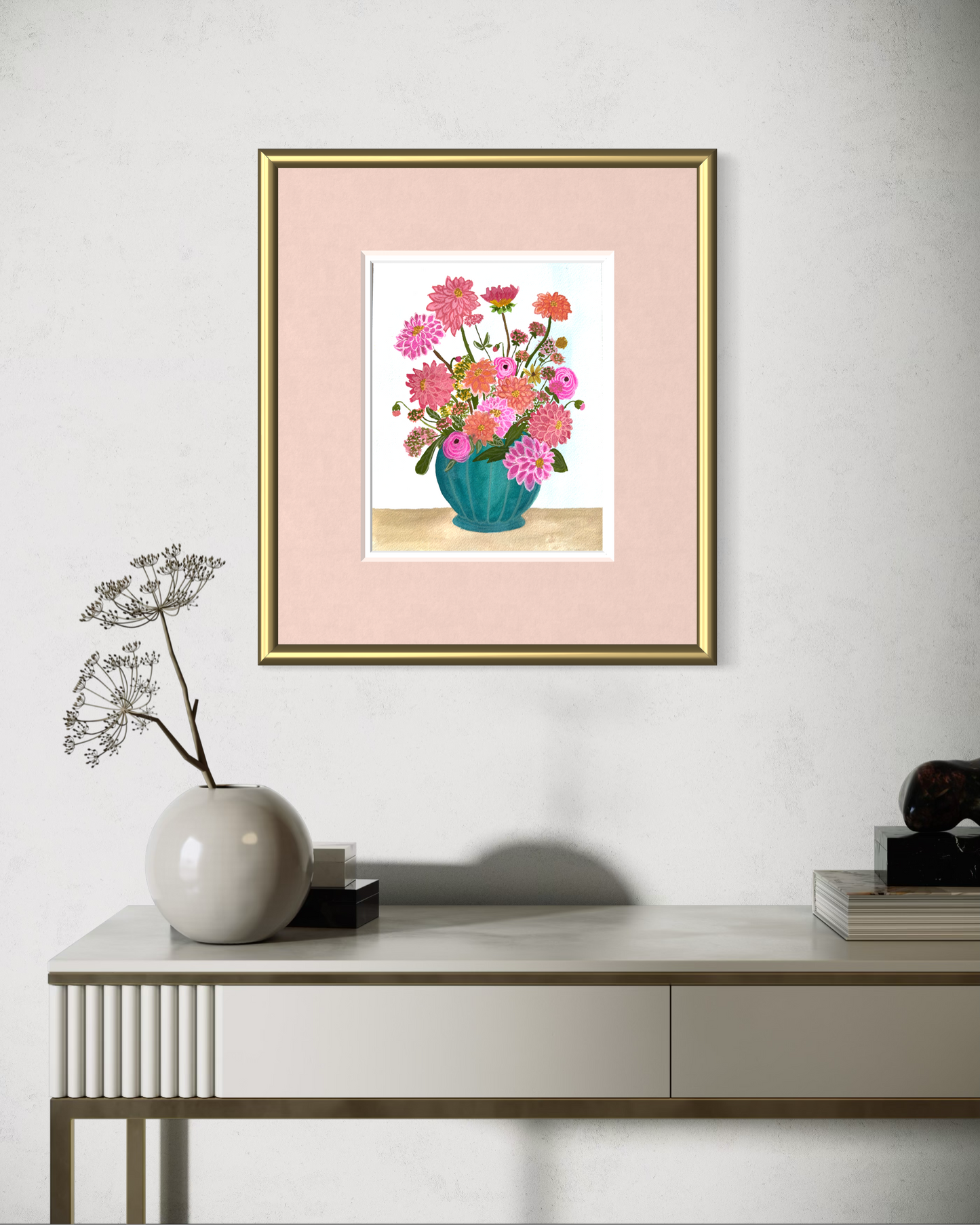 Dahlias & Ranunculus in Teal Vase