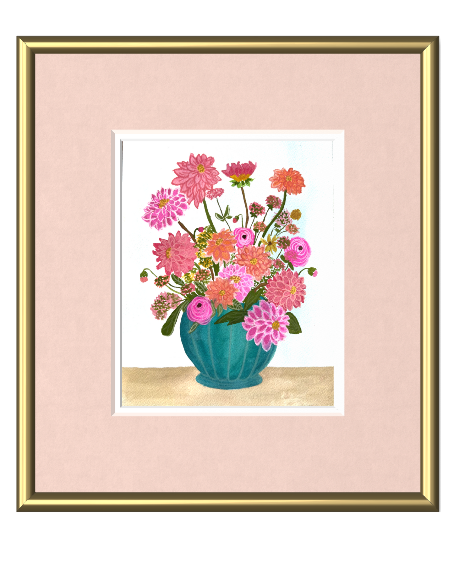 Dahlias & Ranunculus in Teal Vase