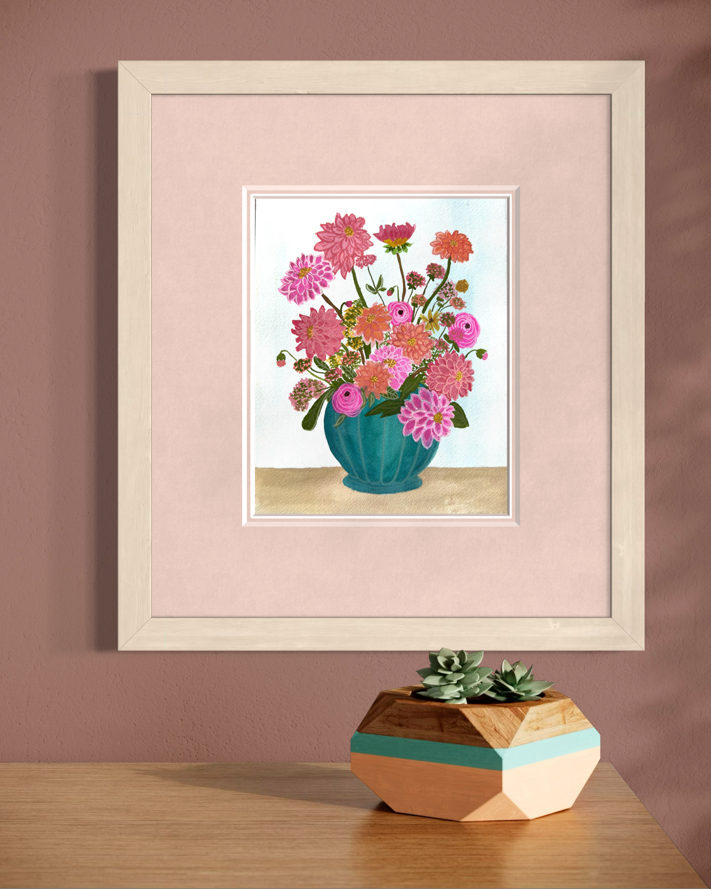 Dahlias & Ranunculus in Teal Vase