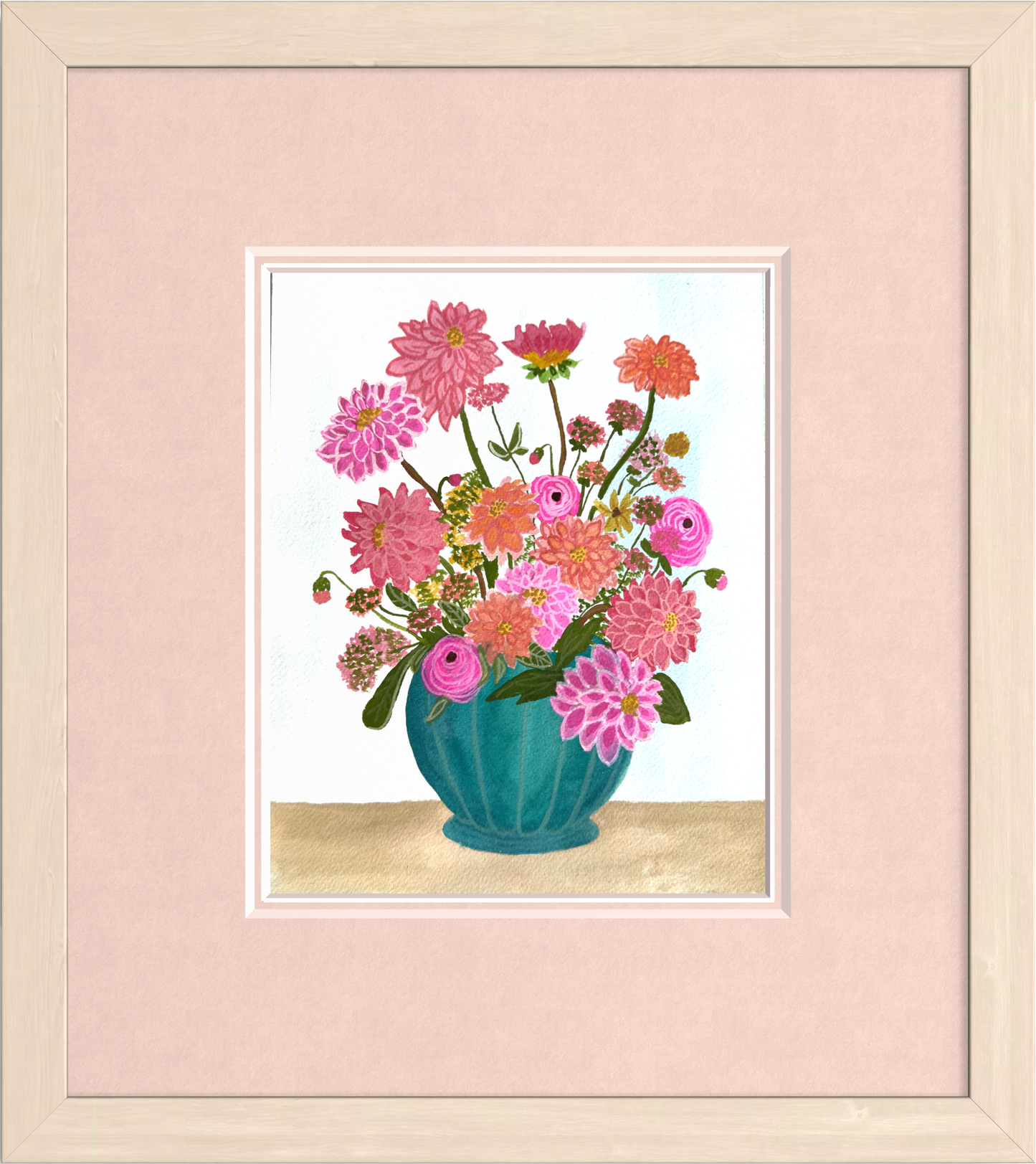 Dahlias & Ranunculus in Teal Vase
